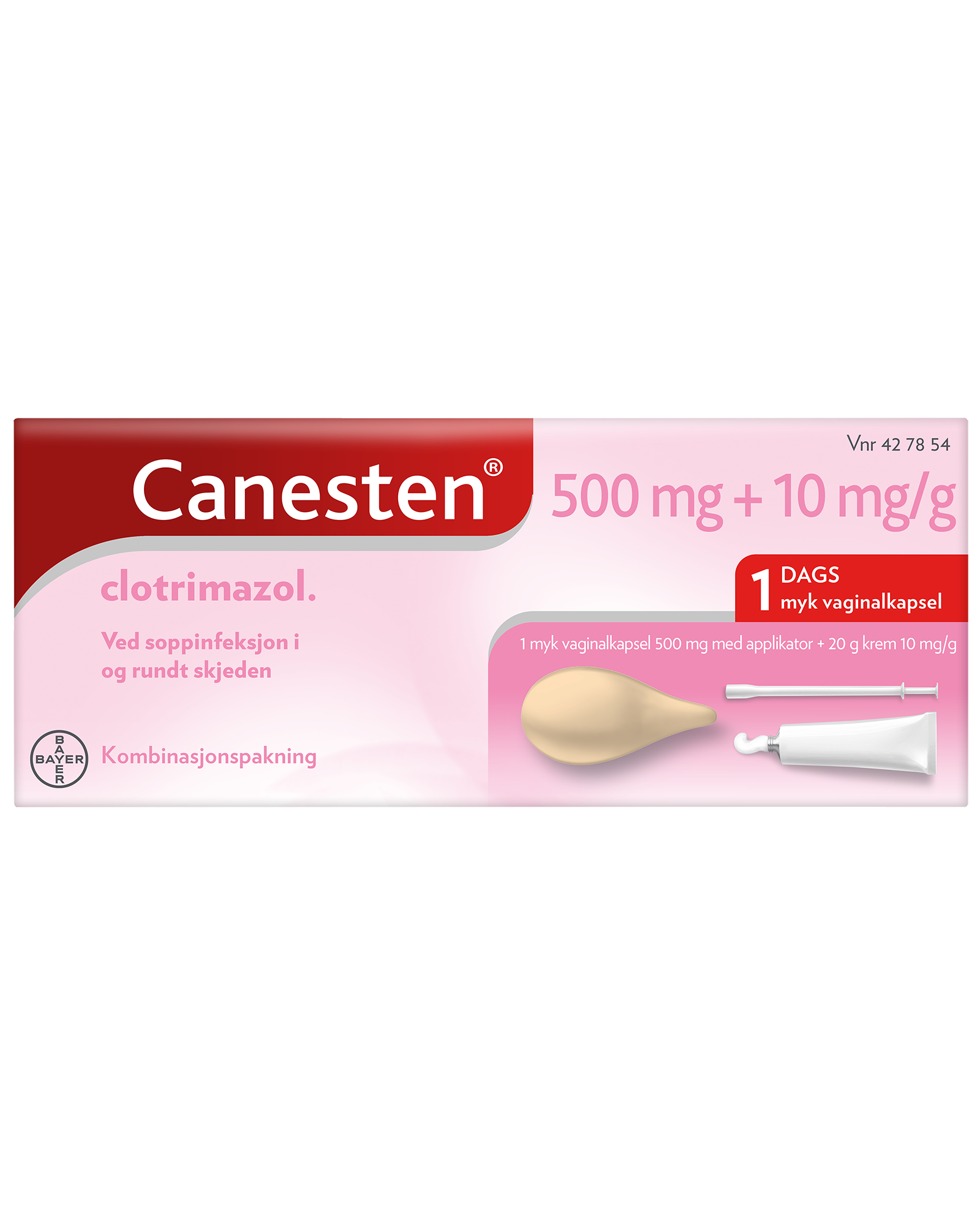Canesten 500 mg myk vaginalkapsel og 10 mg/g krem 1stk+20 g Apotek 1