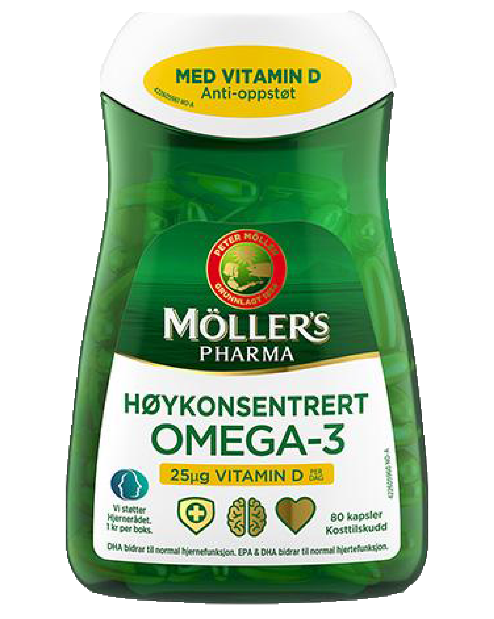Høykonsentrert Anti-oppstøt Omega-3 + Vitamin D, 80 kapsler