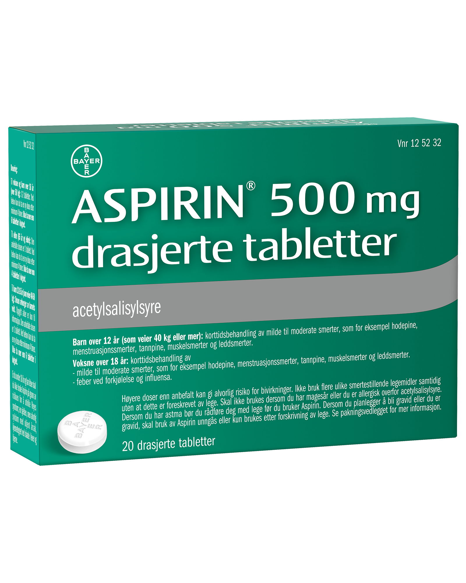 Aspirin 500 mg drasjerte tabletter 20 stk Apotek 1